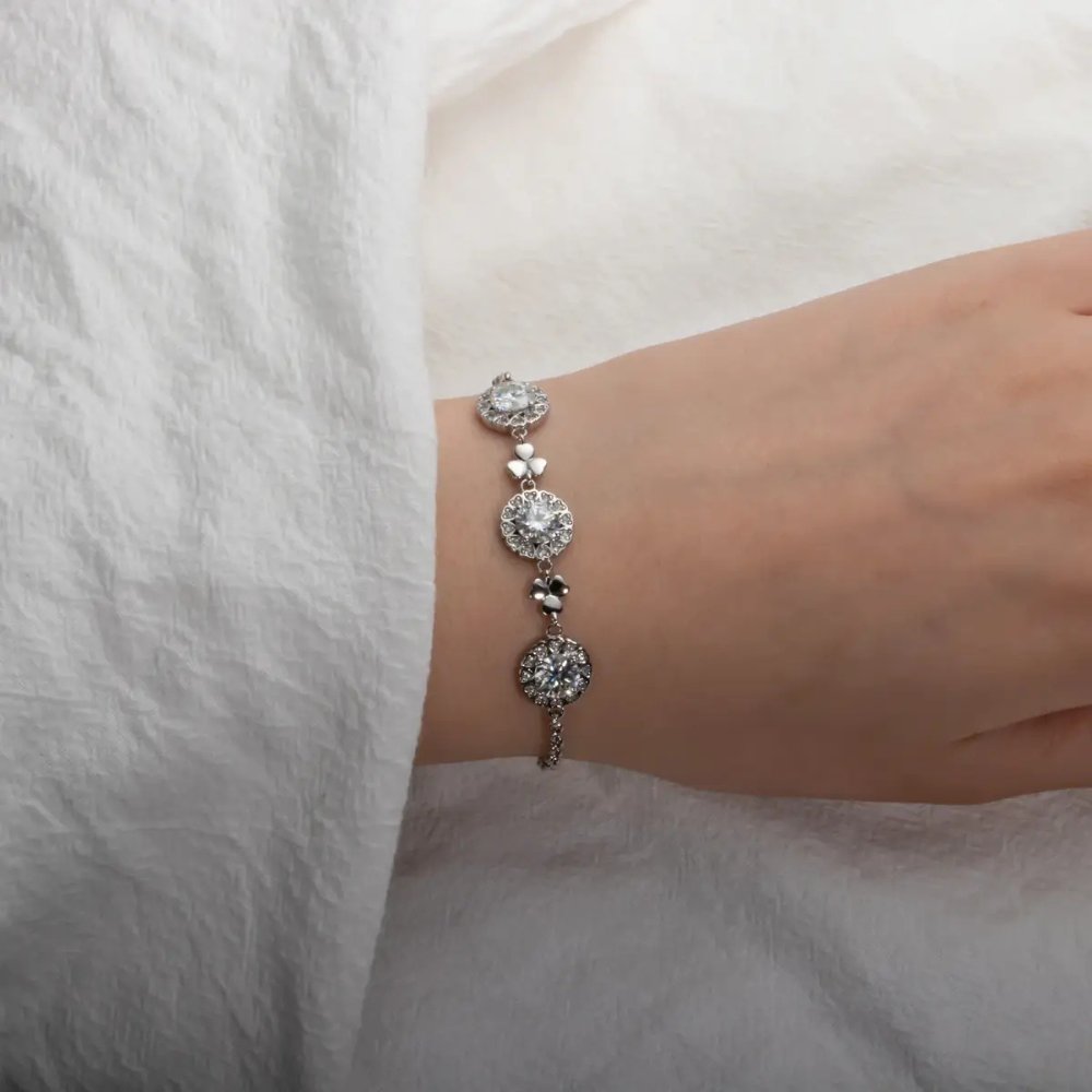 Pulseira Prata 925 Moissanite Trevos Cravejados