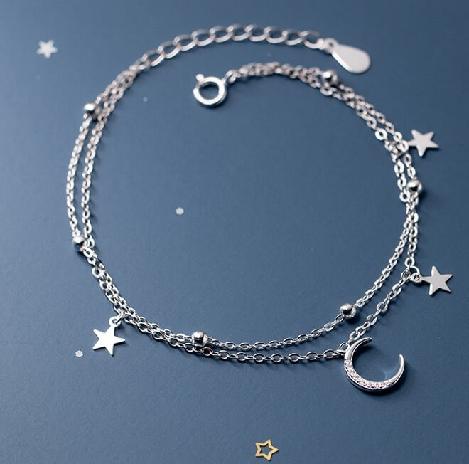 Pulseira Prata 925 Lua e Estrelas